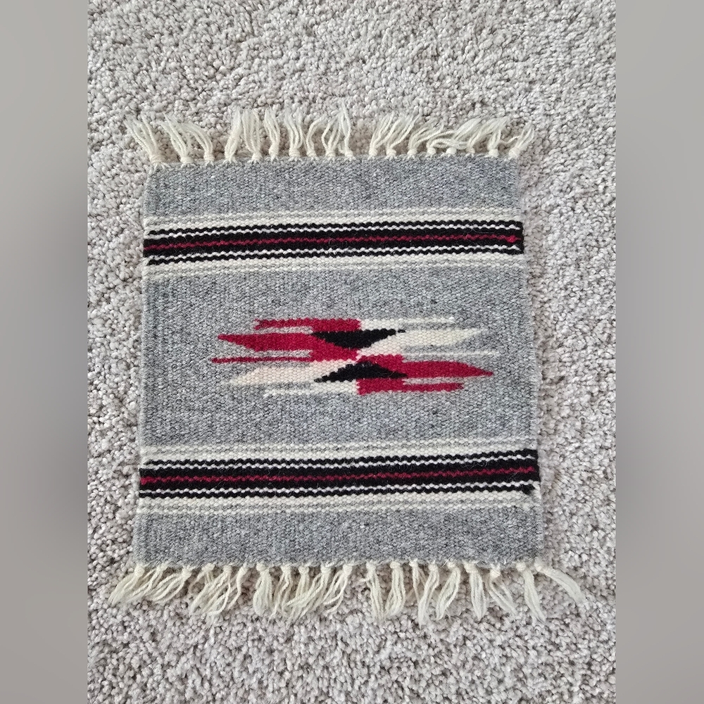Vintage wool woven gray Aztec print fringe bohemian art doily miniature piece